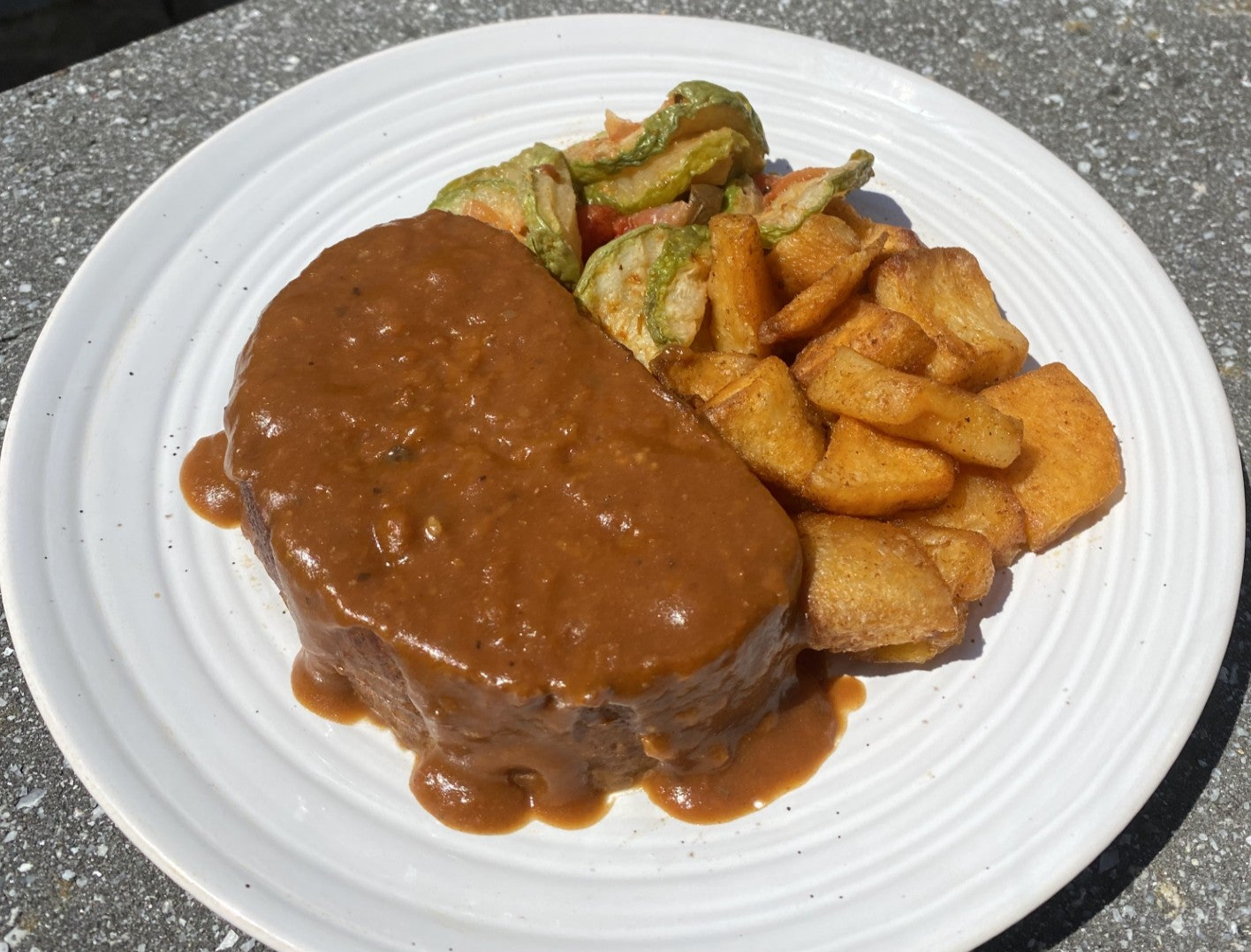 Beef Meat Loaf with Gravy, Potatoes, and Zucchini