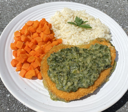 Chicken Patty with Kiev Sauce, Rice, and Steamed Carrots