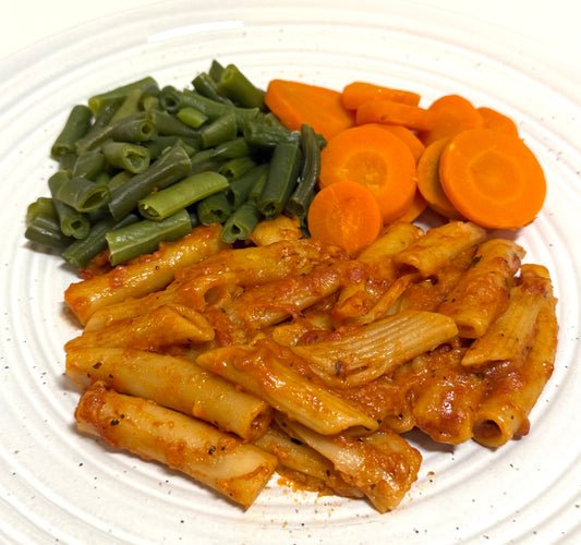 Baked Ziti with Cheese, Green Beans, and Carrots