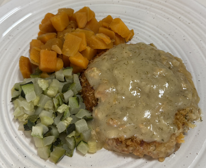 Salmon Croquette with Lemon Dill Sauce, Sweet Potato and Zucchini