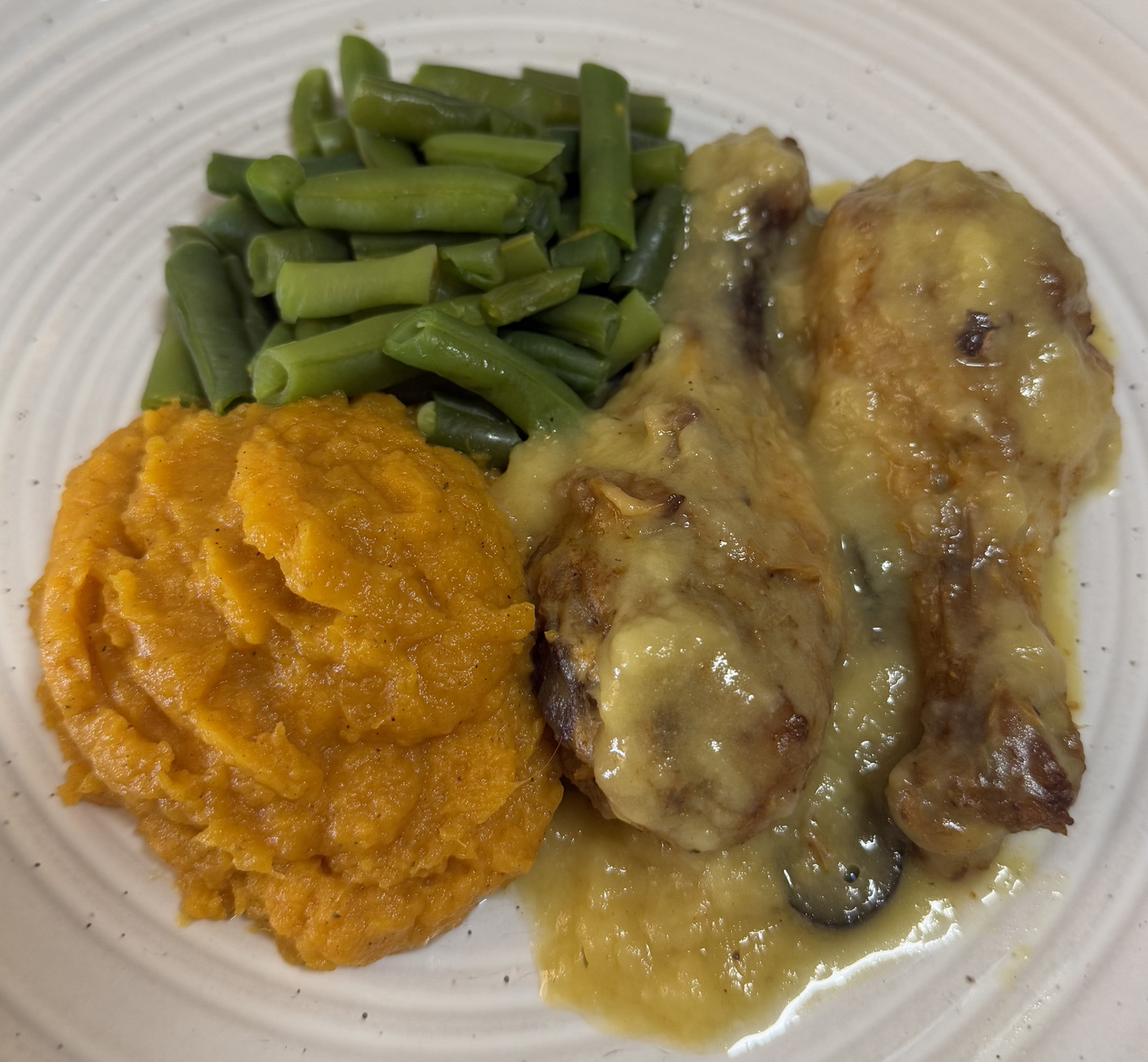 Chicken with Lemon Olive Sauce with Sweet Potatoes and Green Beans