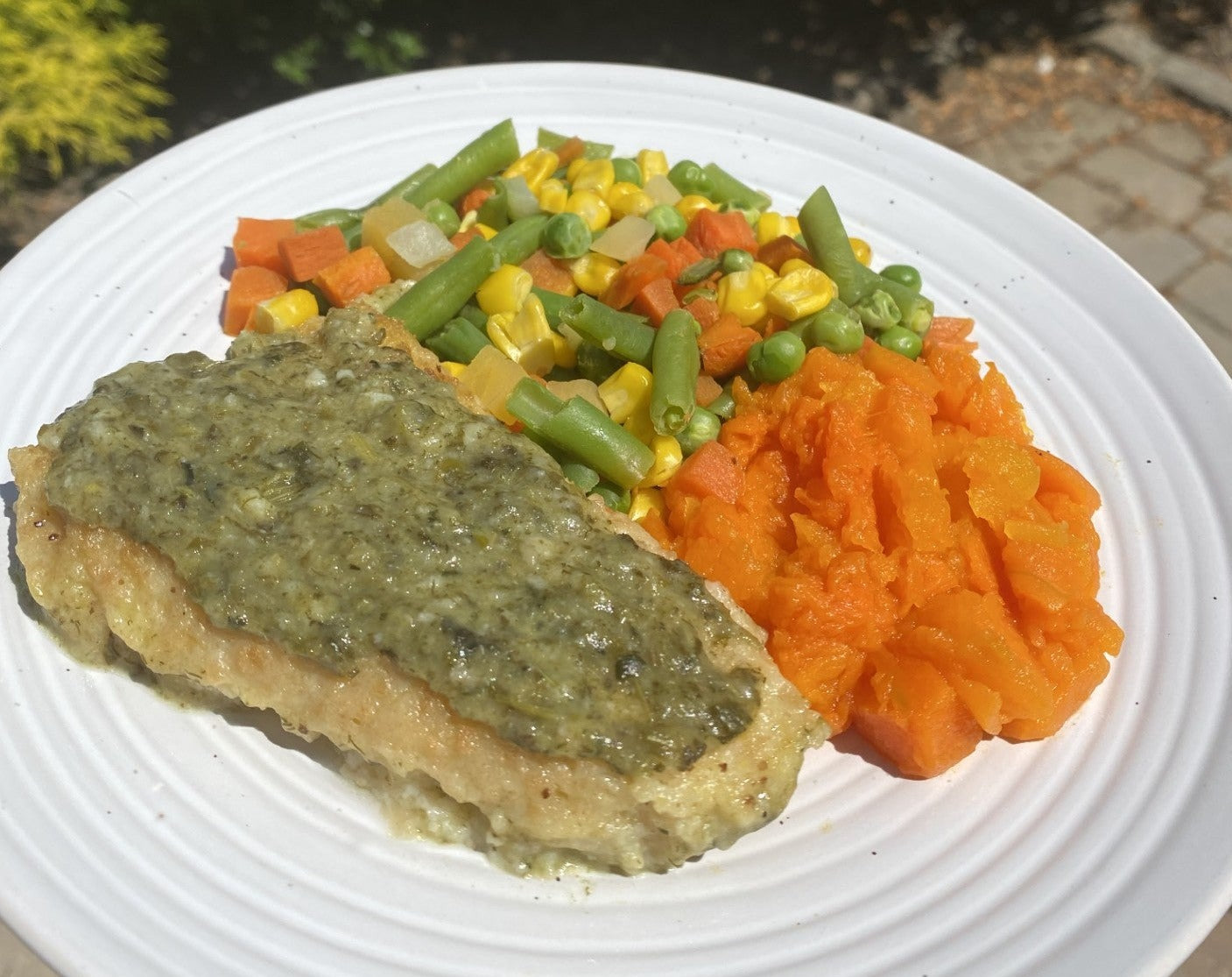 Breaded Fish with Lemon Spinach Dill Sauce, Mixed Vegetables, and Roasted Butternut Squash