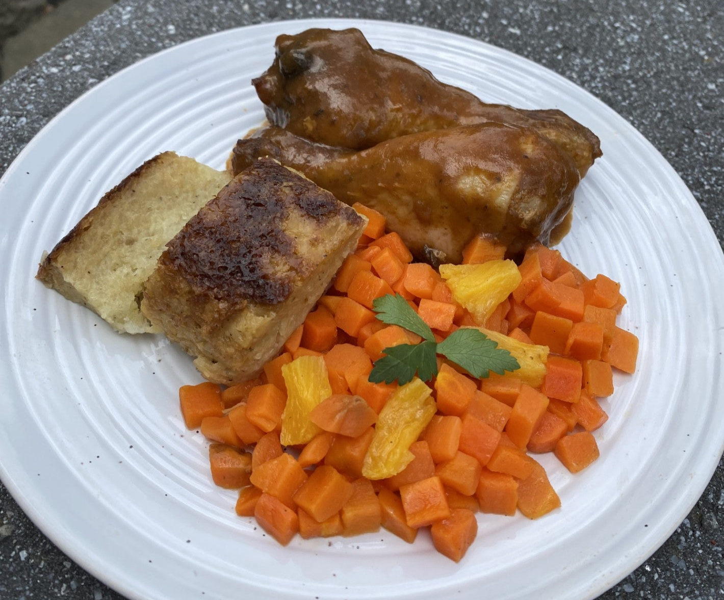 Roasted Chicken with Gravy, Potato Kugel, and Carrot Tzimmes