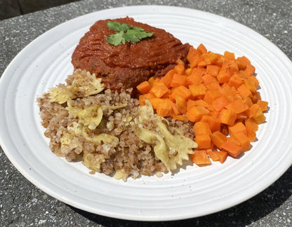 Turkey Burger with Barbecue Sauce, Kasha Varkinshkes, and Steamed Carrots